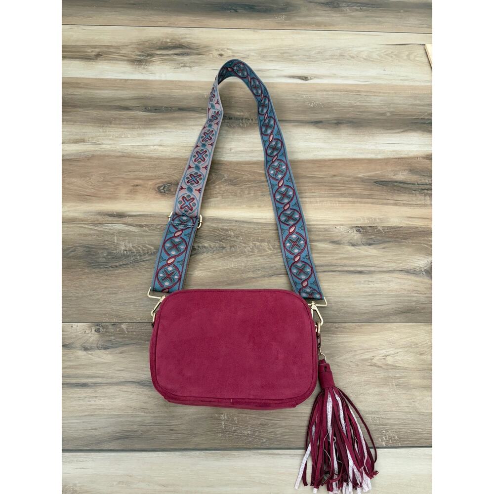 ah.dorned Berry Vega Suede Crossbody Bag with Detachable Strap and Tassel - Picture 2 of 8